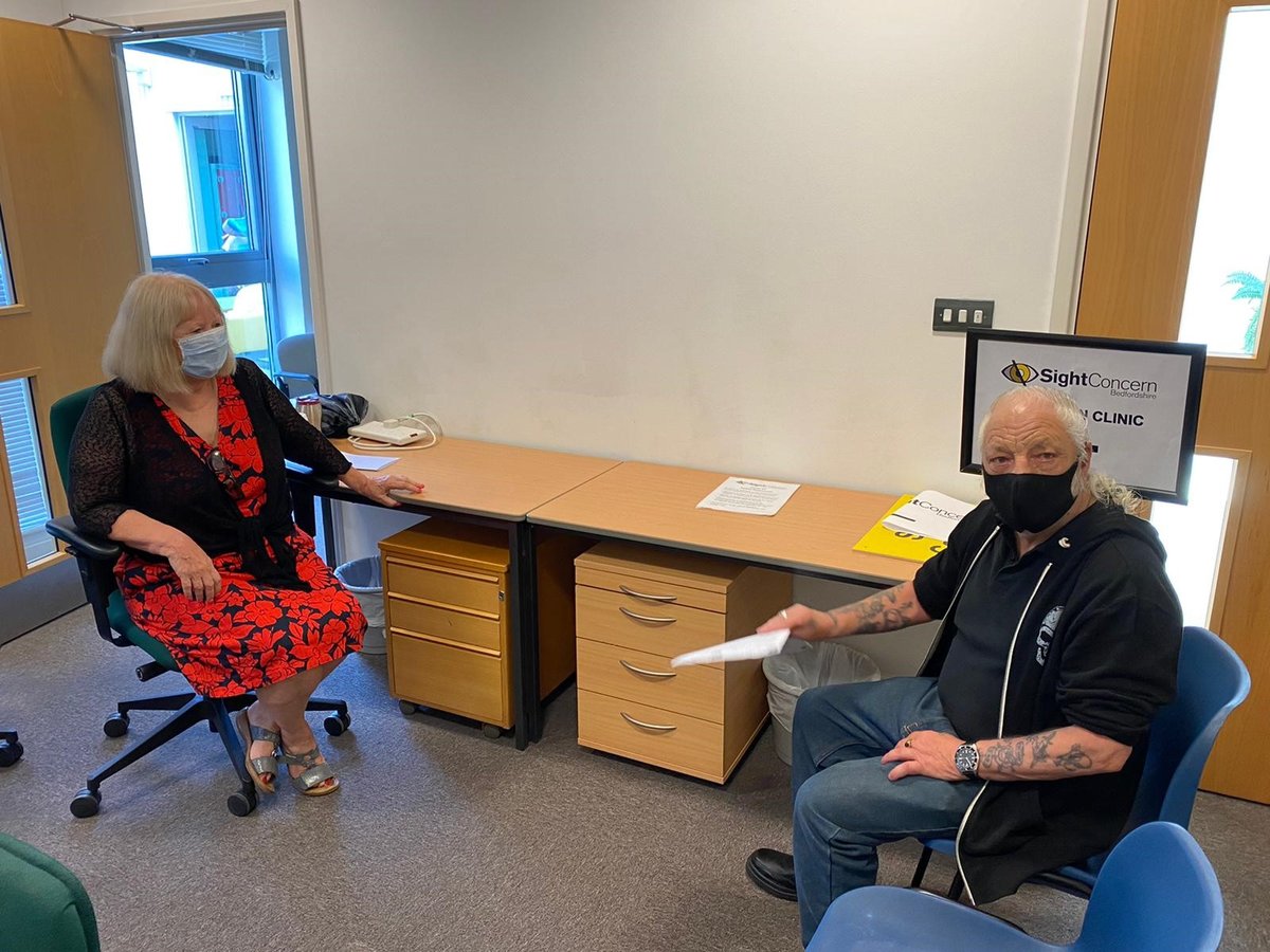 Here’s a photo of our wonderful Visual Impairment Advisor Kathy Cowtan having a face-to-face appointment with service user Mr Ron Gunnell at our new Luton office at Futures House, Marsh Farm.